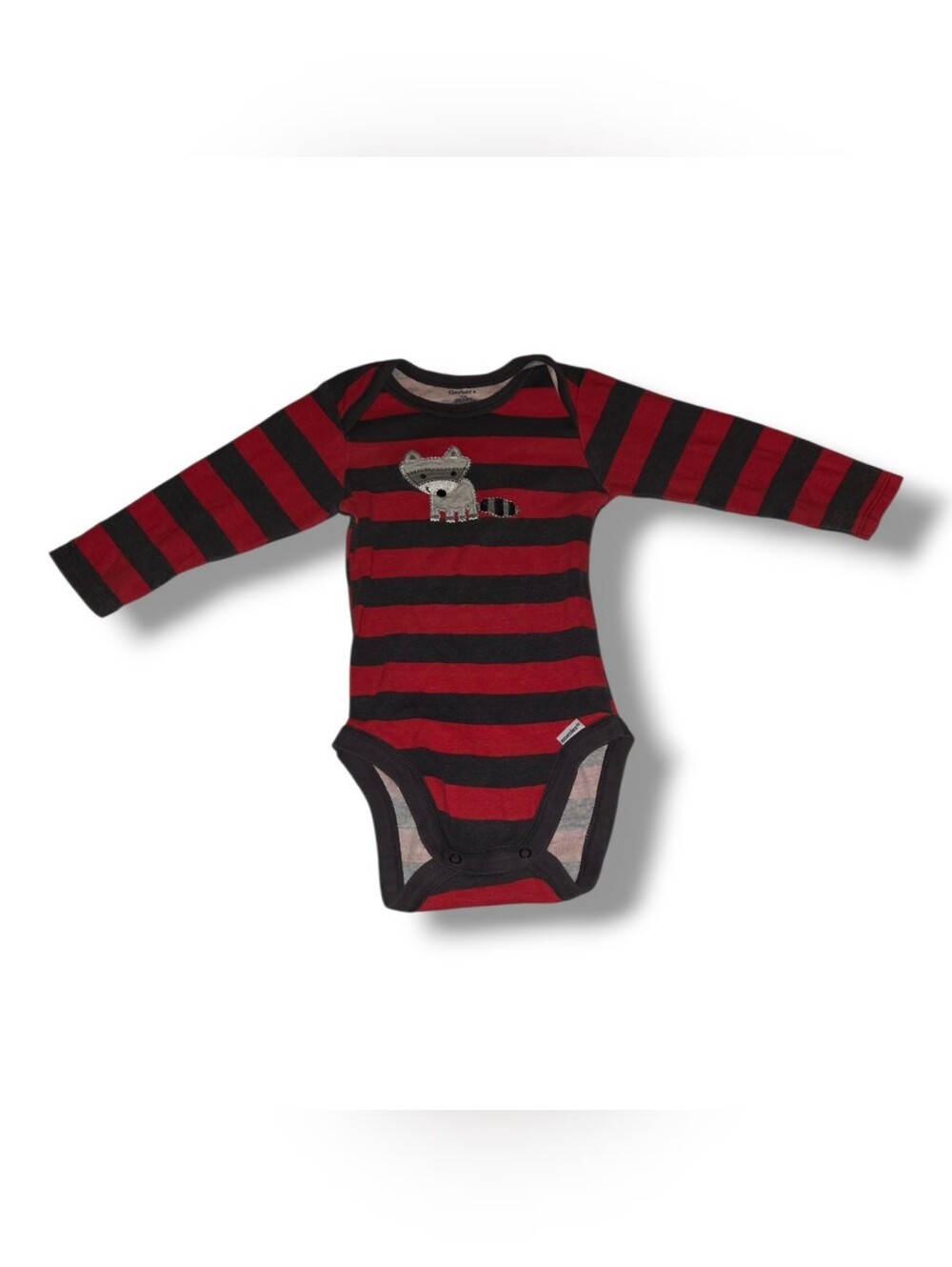 Red & Black Striped Long-Sleeve Baby One-Piece with Raccoon Applique
